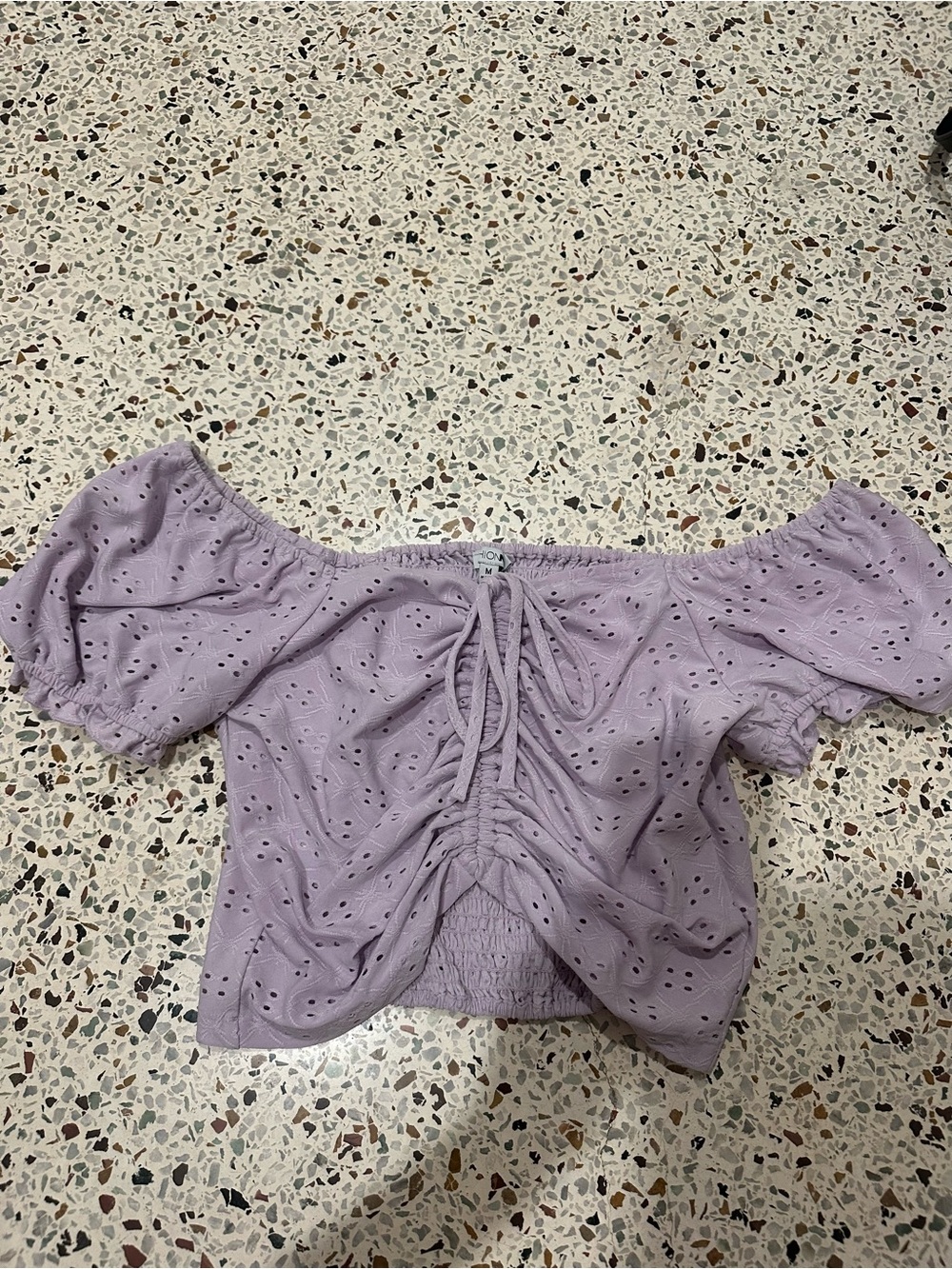 Fashion Nova Lavender Eyelet Off-Shoulder Ruched Crop Top